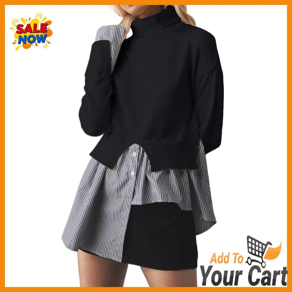 Turtleneck Patchwork Sweater Asymmetrical Hem Pul… - image 1